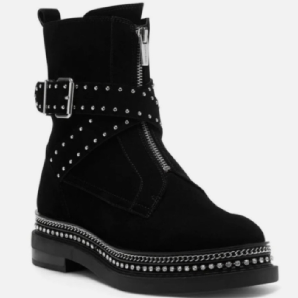 Vince Camuto Blinda Suede black Moto Chic Chain Rim Platform lug bootie